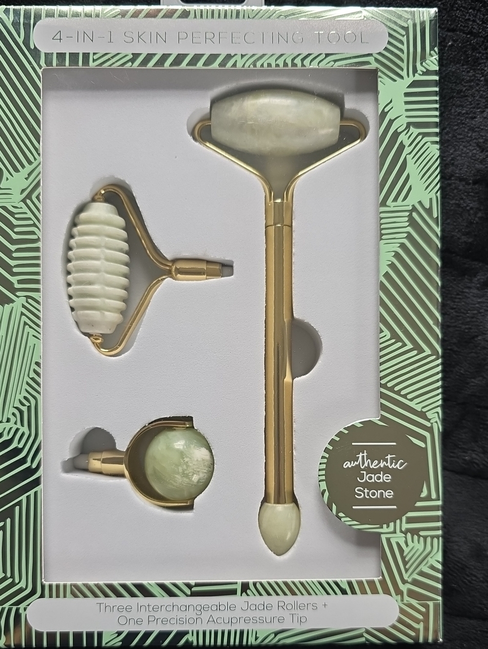 Authentic Jade Stone 4-in-1 Facial Roller Set - Light Green & Gold Lifestyle Pro